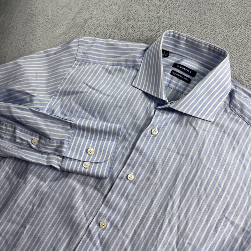 Suitsupply Mens Egyptian Cotton Striped Dress Shirt Blue White 38 15 Spread